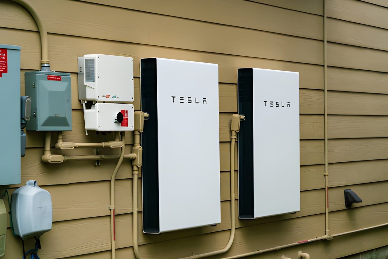 Two Tesla Powerwall home batteries installed on the outside of an Arizona house