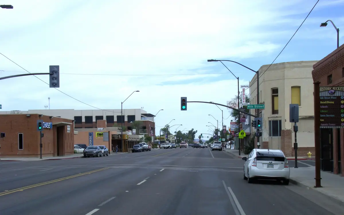 A street view down Monroe Avenue in historic downtown Buckeye, Arizona