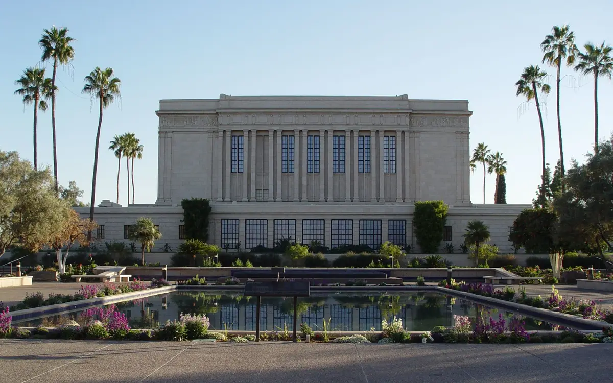 The Mesa Arizona Temple and its grounds in Mesa, Arizona