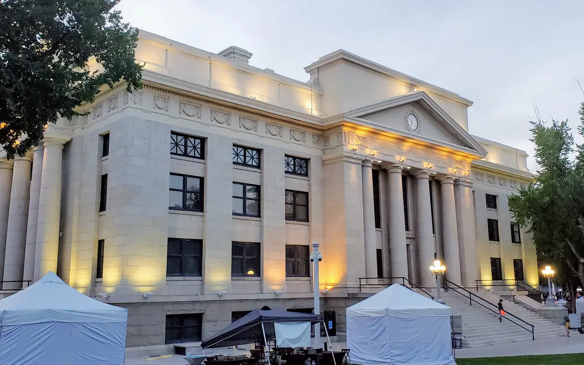 The historic Yavapai County Courthouse at dusk on Courthouse Plaza in downtown Prescott, Arizona