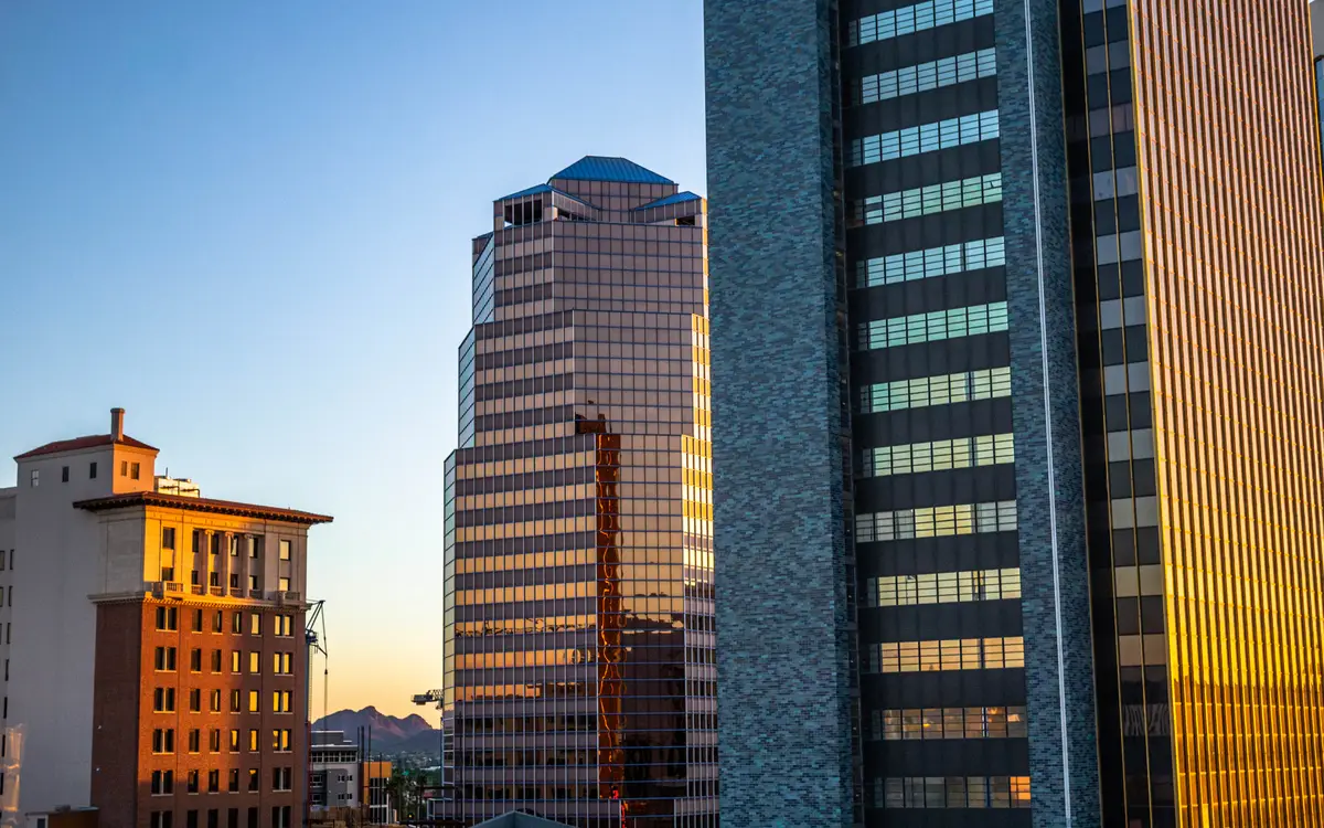 The downtown Tucson, Arizona skyline at sunset