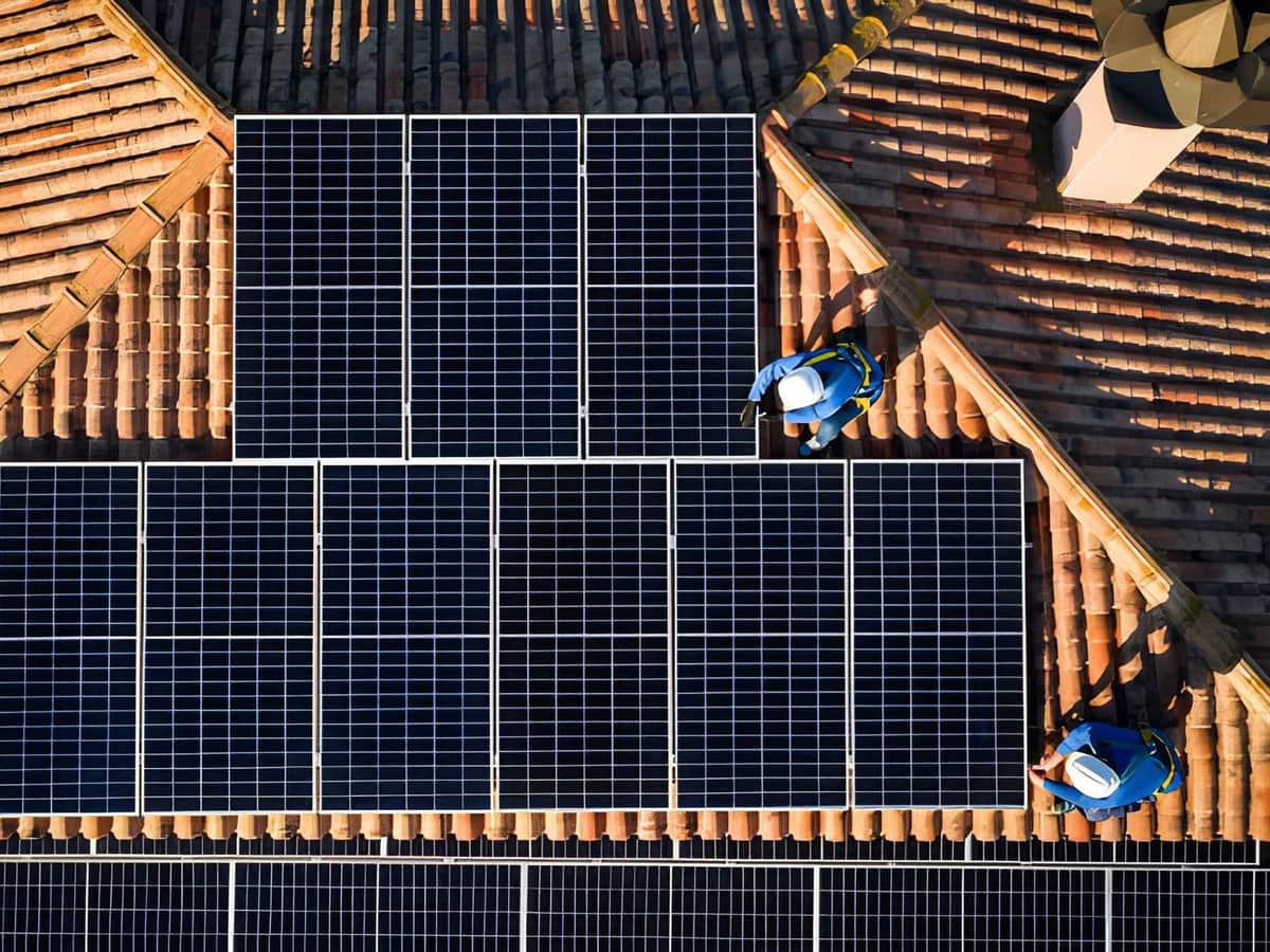 An install crew mounting solar panels on a tile roof on an Arizona home