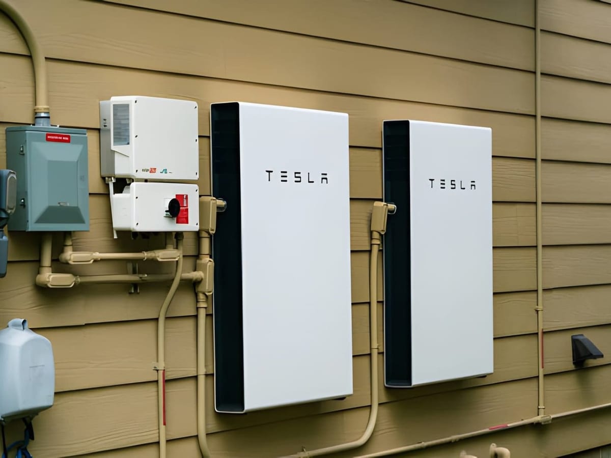 Two Tesla Powerwall home batteries mounted on the side of a house