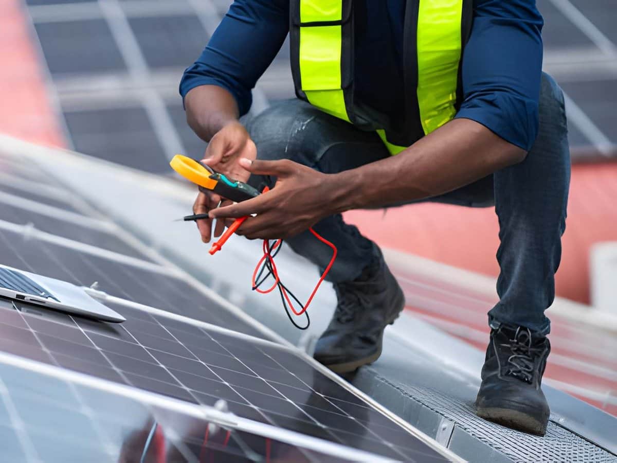 Technician checking solar panel output on an Arizona roof